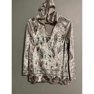 Vocal USA Womens Top Medium Gray Mixed Media Crushed Velvet Hooded Fairy Grunge